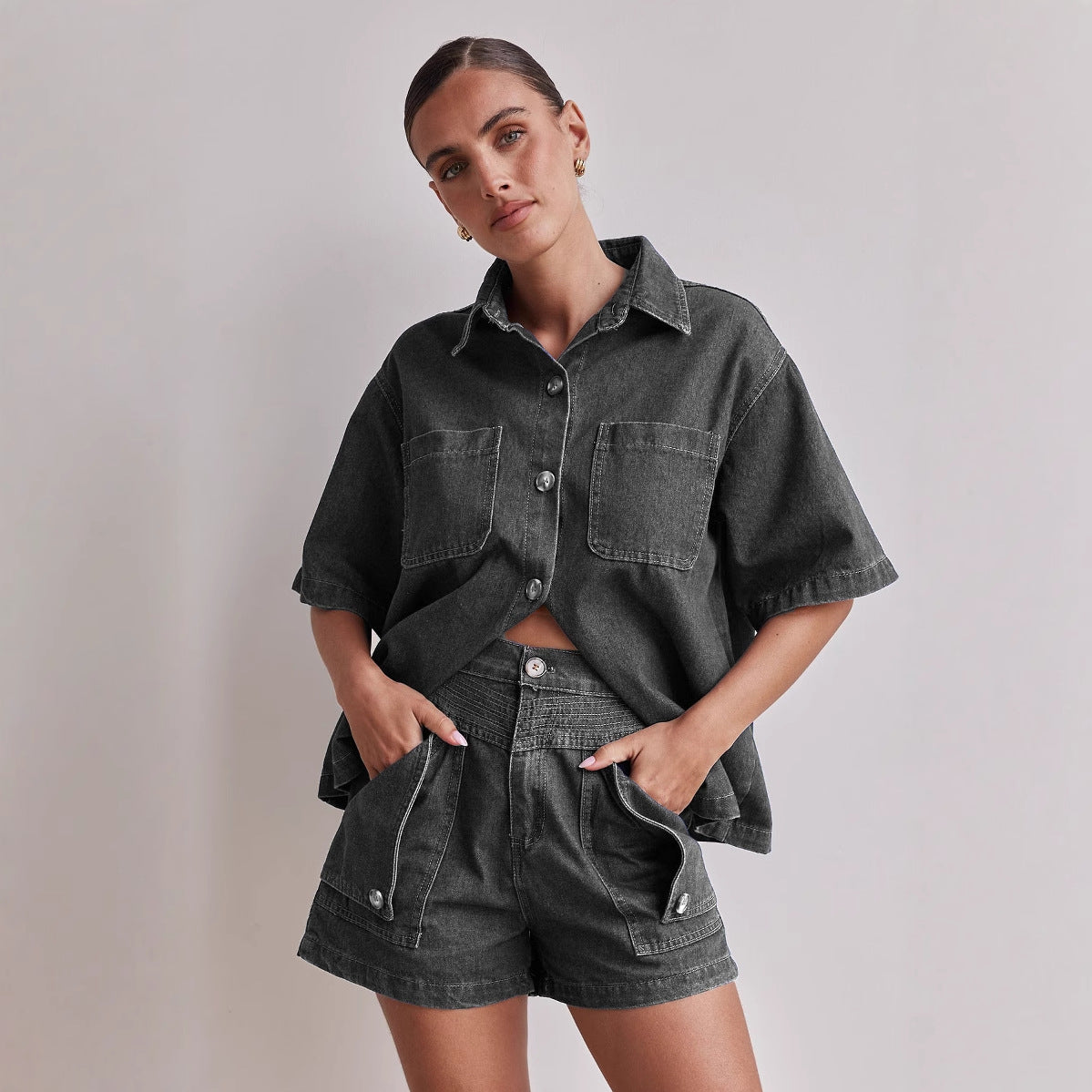 Retro Loose Fit Denim Shirt & Shorts Set
