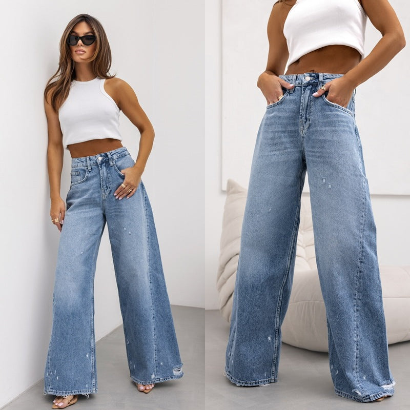 Vintage-Inspired Ripped Wide-Leg Denim