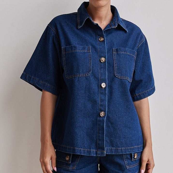 Retro Loose Fit Denim Shirt & Shorts Set