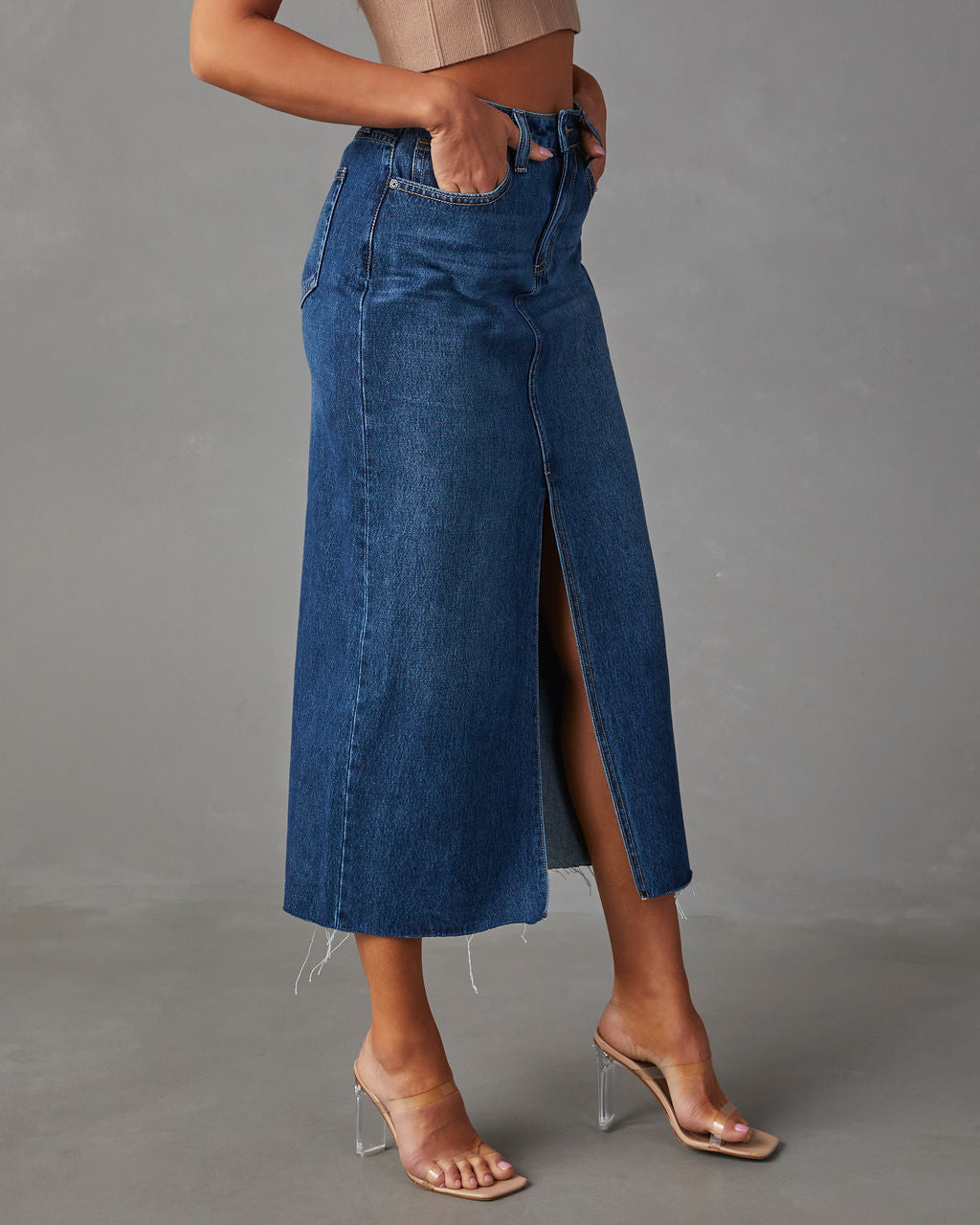 High-Waisted Split A-Line Midi Denim Skirt
