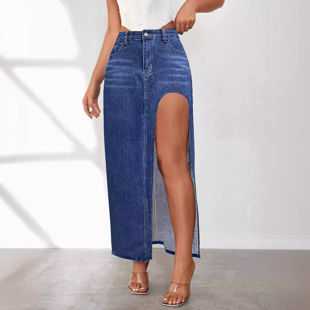 Elevated Washed Denim Midi Skirt with Slit