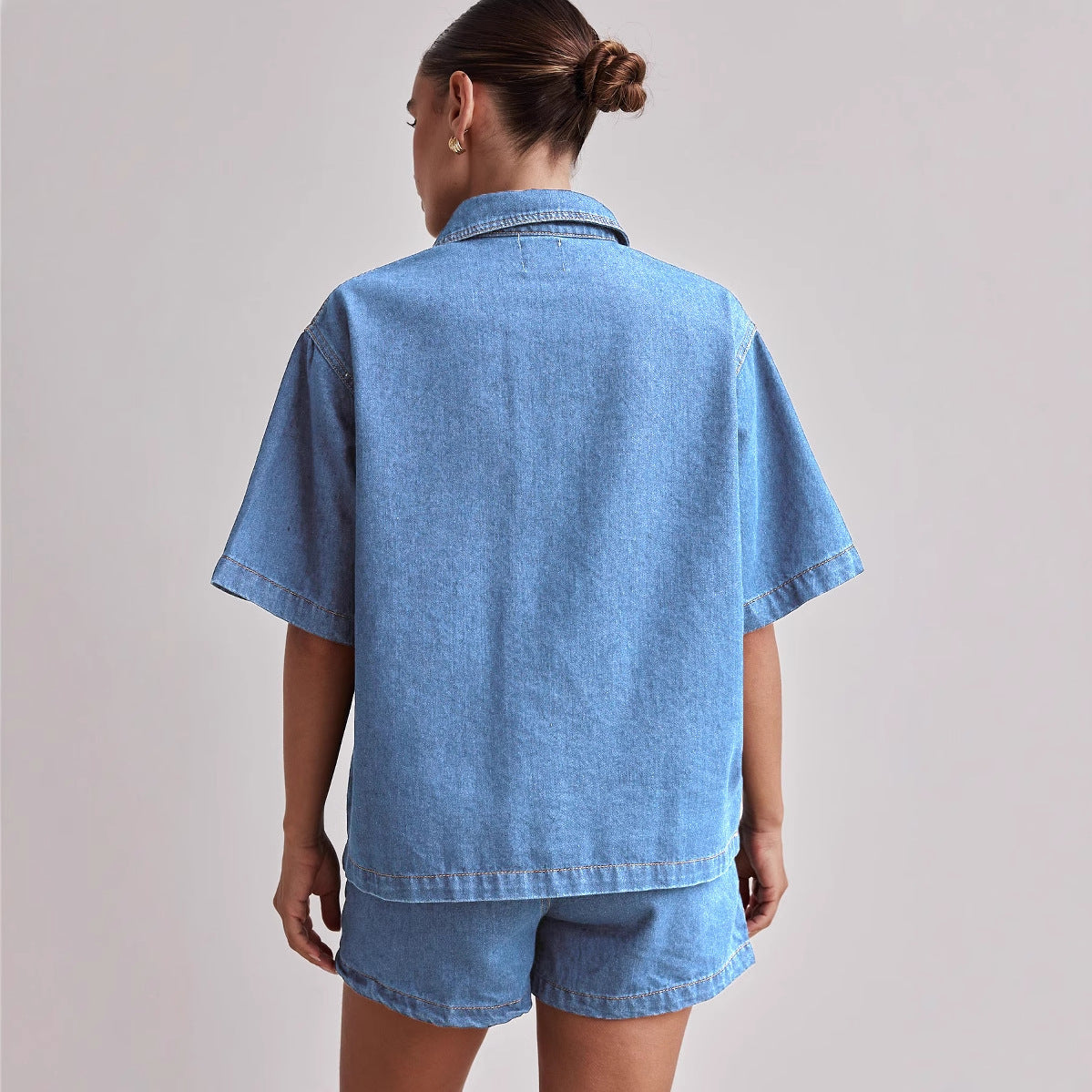 Retro Loose Fit Denim Shirt & Shorts Set