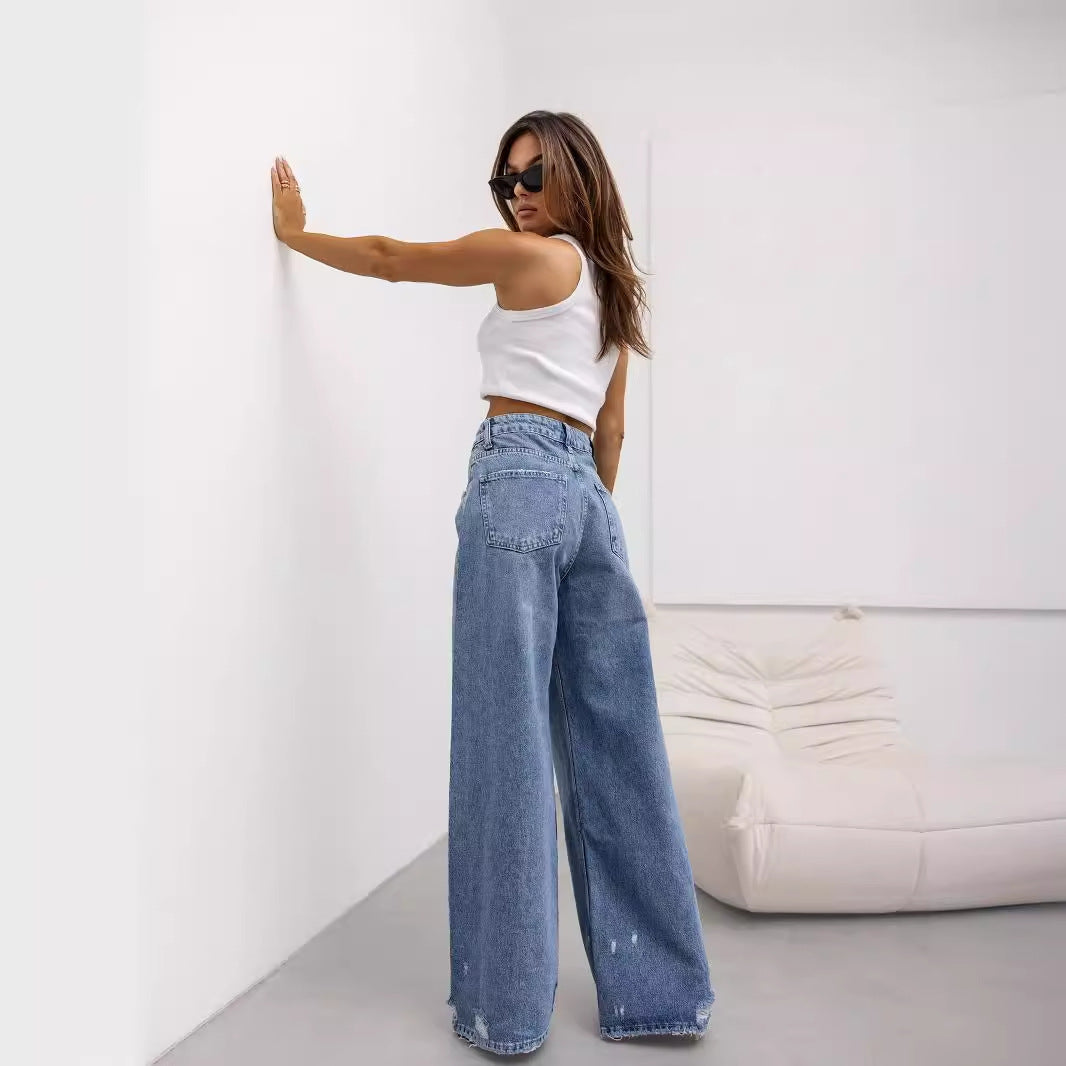 Vintage-Inspired Ripped Wide-Leg Denim