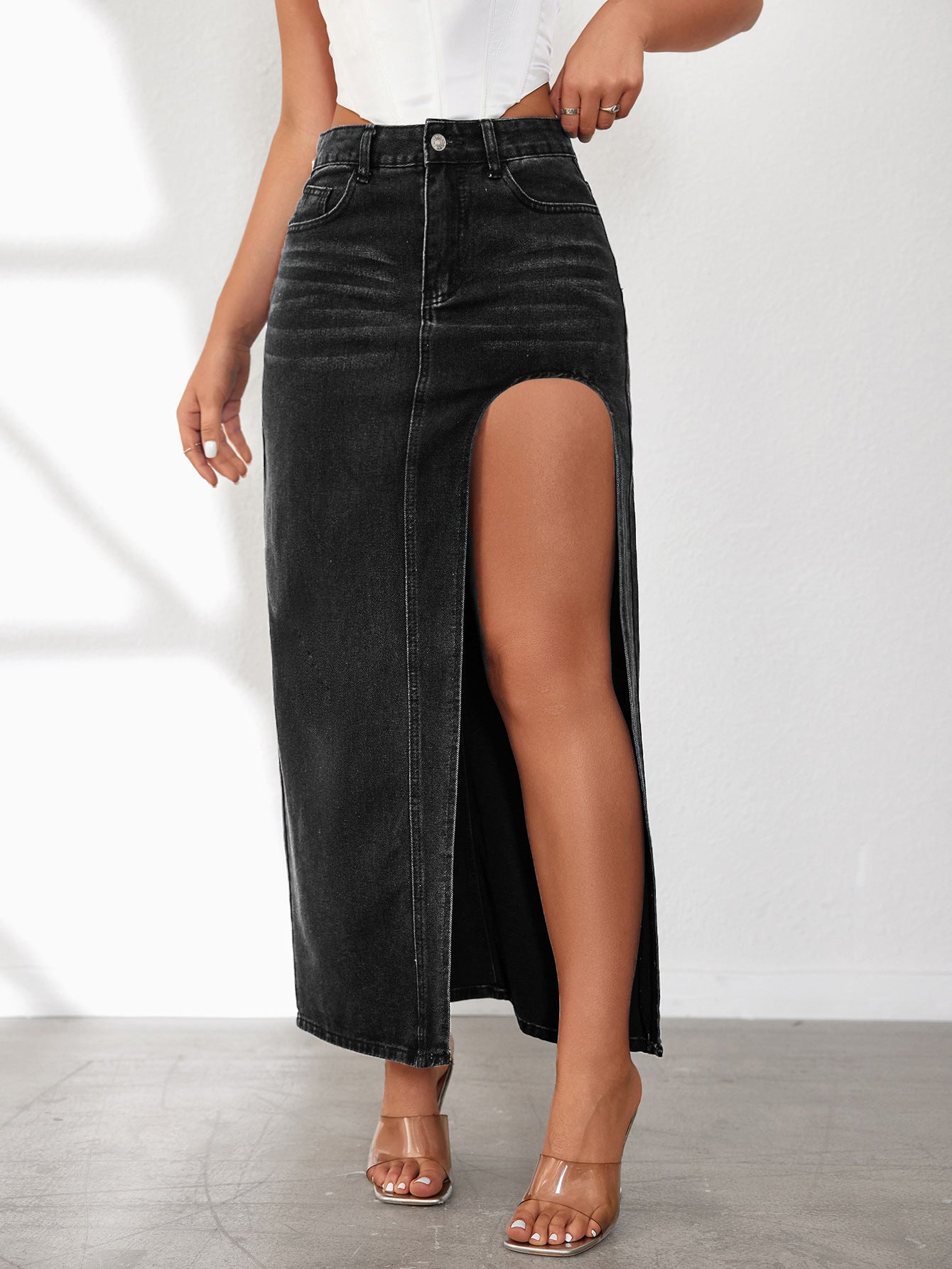 Elevated Washed Denim Midi Skirt with Slit