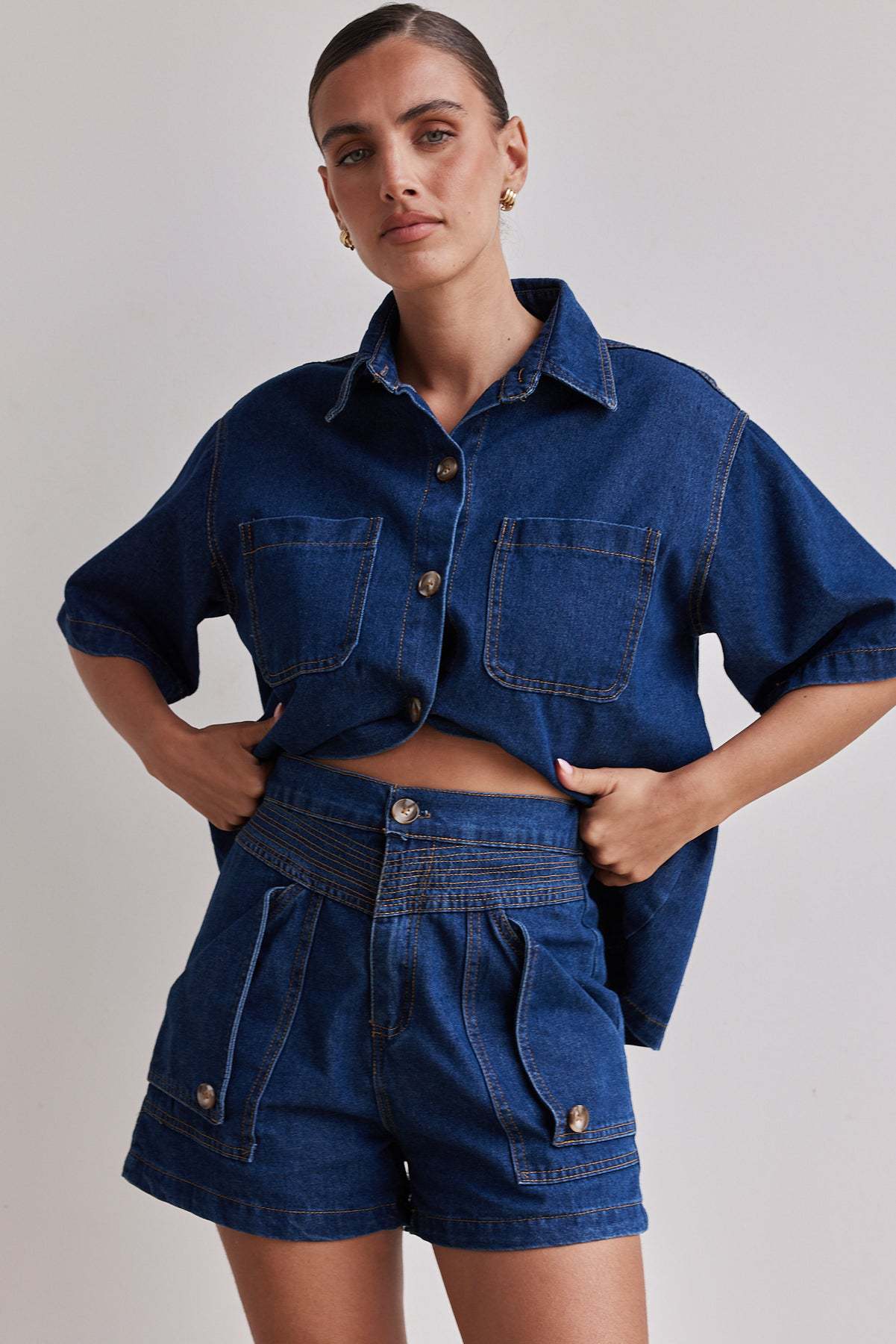 Retro Loose Fit Denim Shirt & Shorts Set