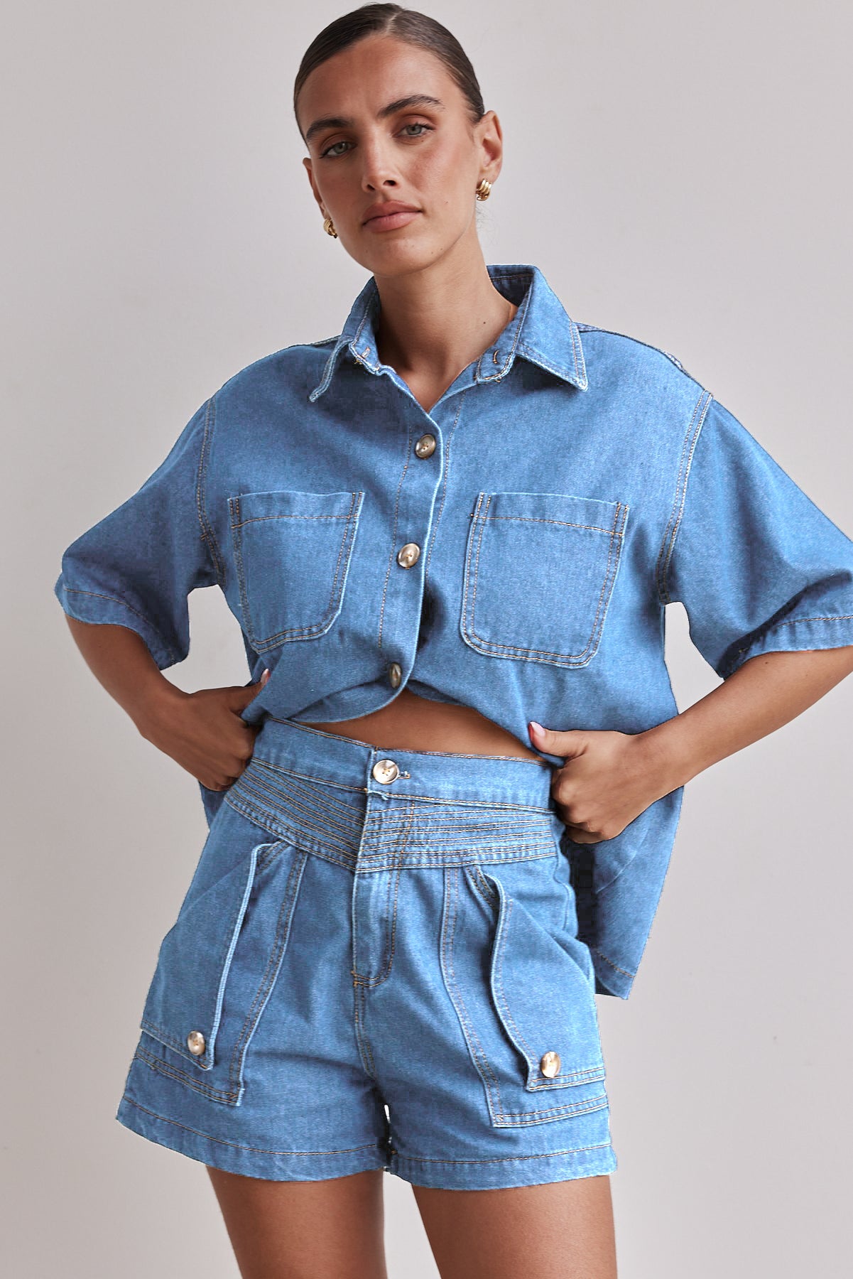 Retro Loose Fit Denim Shirt & Shorts Set