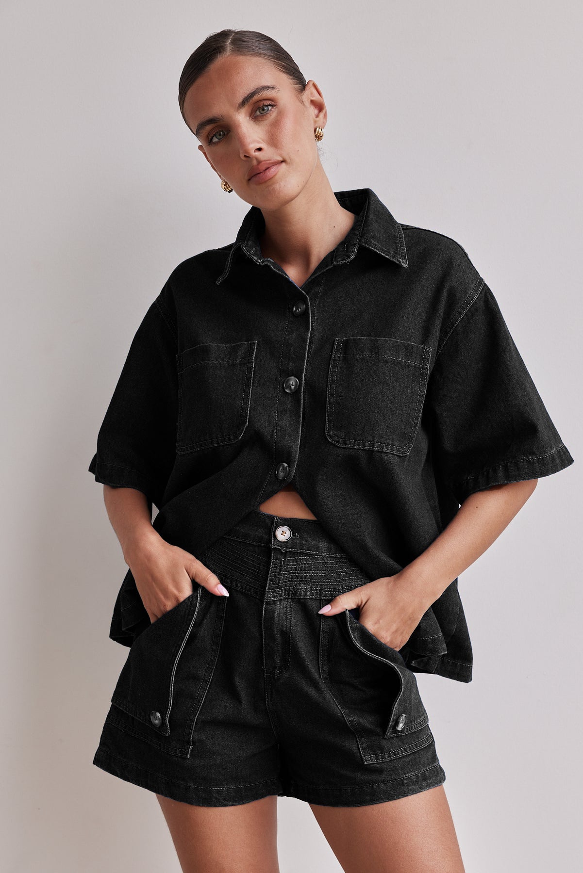 Retro Loose Fit Denim Shirt & Shorts Set