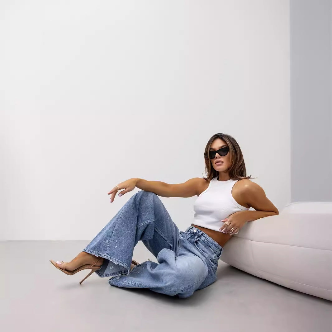 Vintage-Inspired Ripped Wide-Leg Denim