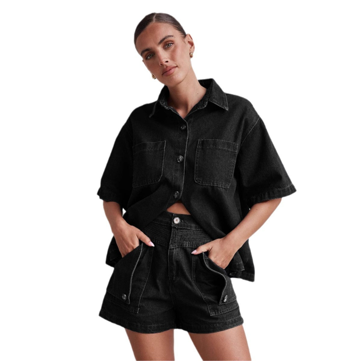 Retro Loose Fit Denim Shirt & Shorts Set
