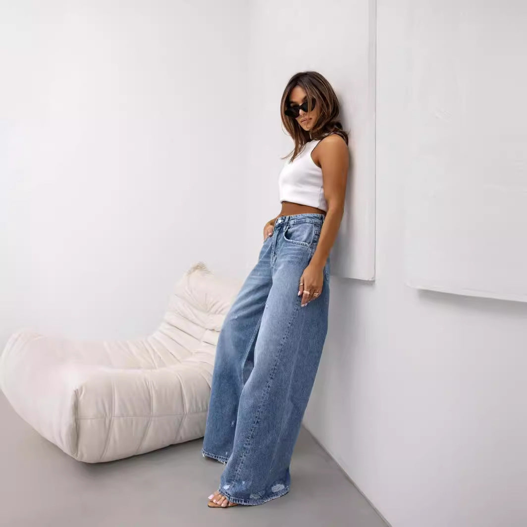 Vintage-Inspired Ripped Wide-Leg Denim