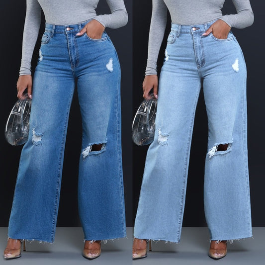 Effortless High-Waisted Distressed Wide-Leg Denim