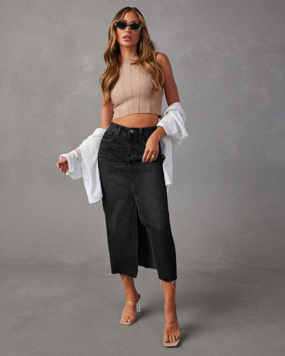 High-Waisted Split A-Line Midi Denim Skirt