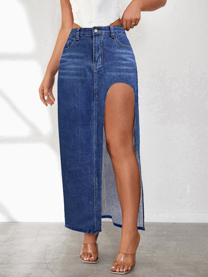 Elevated Washed Denim Midi Skirt with Slit