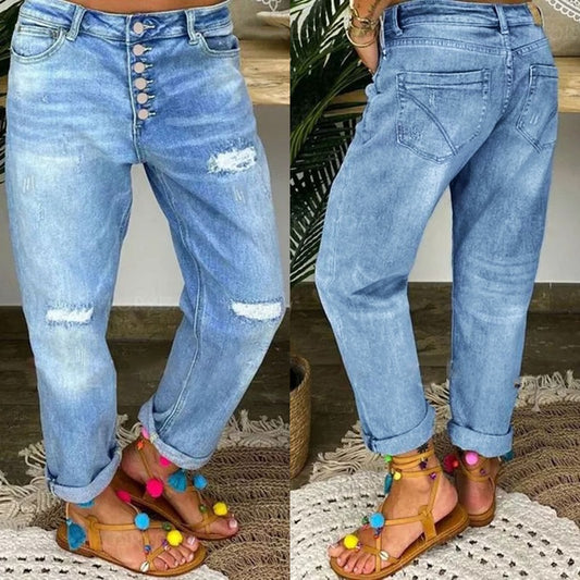 Effortless Blue Ripped Straight-Leg Denim