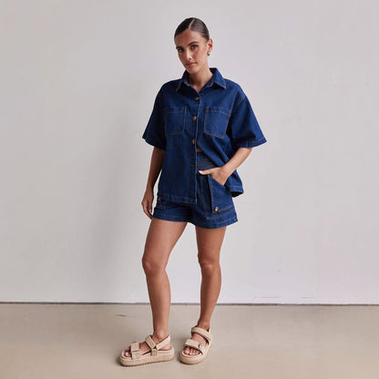Retro Loose Fit Denim Shirt & Shorts Set