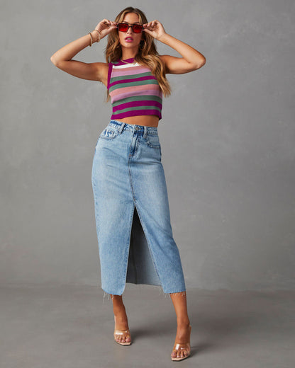High-Waisted Split A-Line Midi Denim Skirt