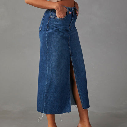 High-Waisted Split A-Line Midi Denim Skirt
