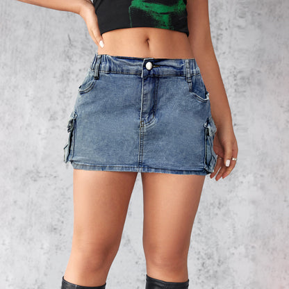 European and American cross-border 2025 new denim skirt women's summer retro stretch slim cargo pocket skirt
