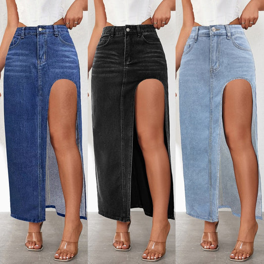 Elevated Washed Denim Midi Skirt with Slit
