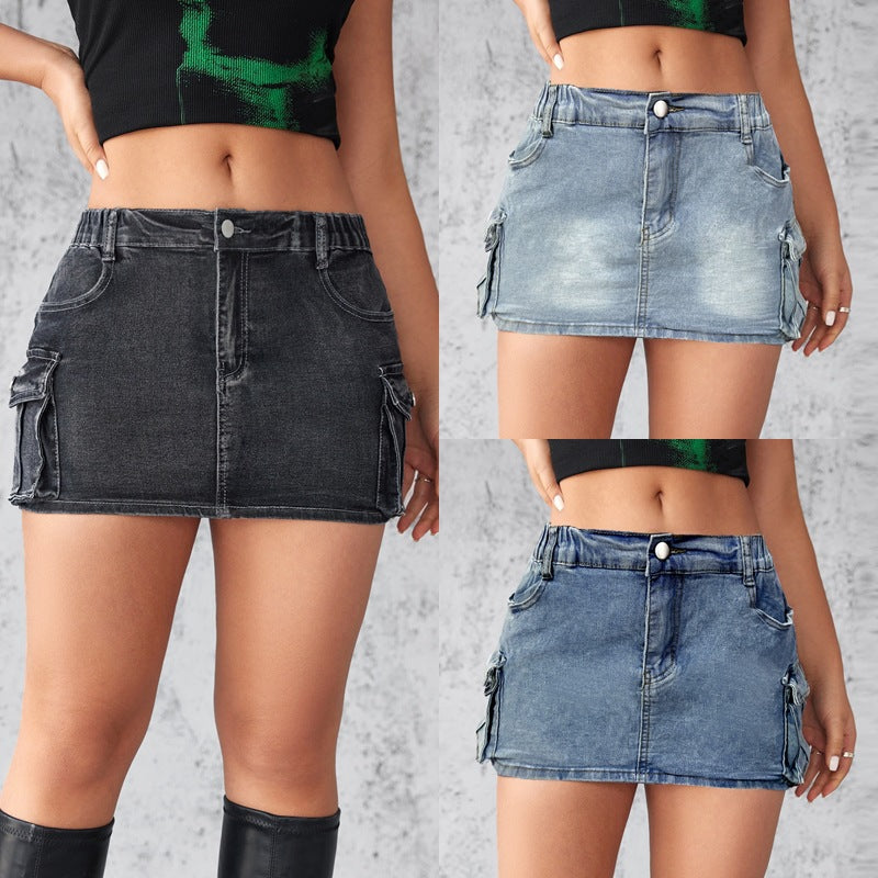 European and American cross-border 2025 new denim skirt women's summer retro stretch slim cargo pocket skirt