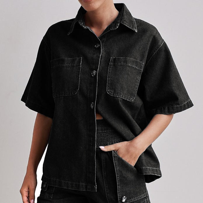 Retro Loose Fit Denim Shirt & Shorts Set