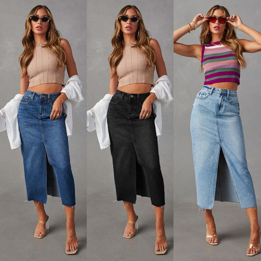 High-Waisted Split A-Line Midi Denim Skirt