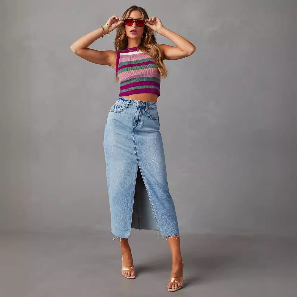 High-Waisted Split A-Line Midi Denim Skirt