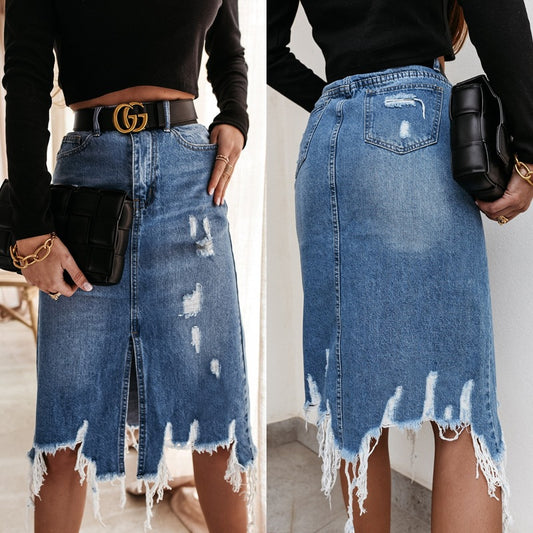 Washed Ripped Tassel Midi Denim Skirt