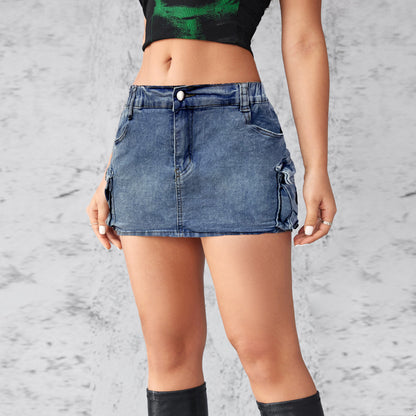 European and American cross-border 2025 new denim skirt women's summer retro stretch slim cargo pocket skirt