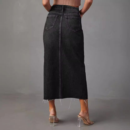 High-Waisted Split A-Line Midi Denim Skirt