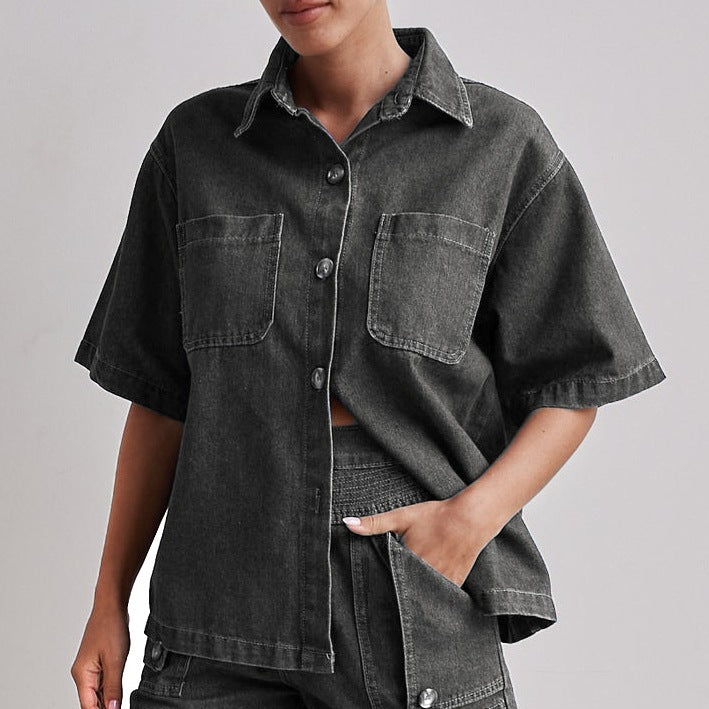 Retro Loose Fit Denim Shirt & Shorts Set