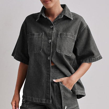 Retro Loose Fit Denim Shirt & Shorts Set