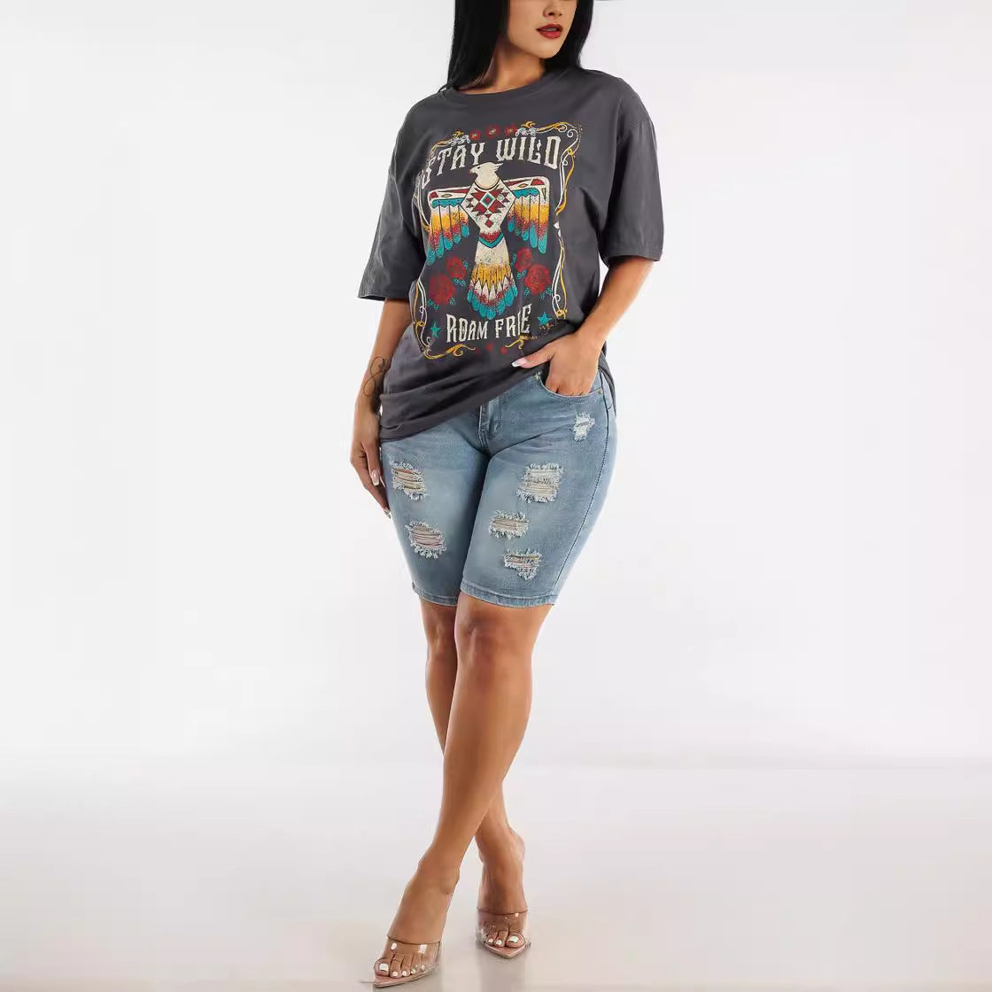 High-Waisted Ripped Stretch Denim Shorts
