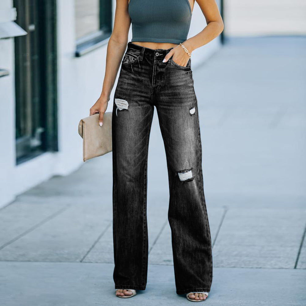 Washed Ripped Wide-Leg Jeans