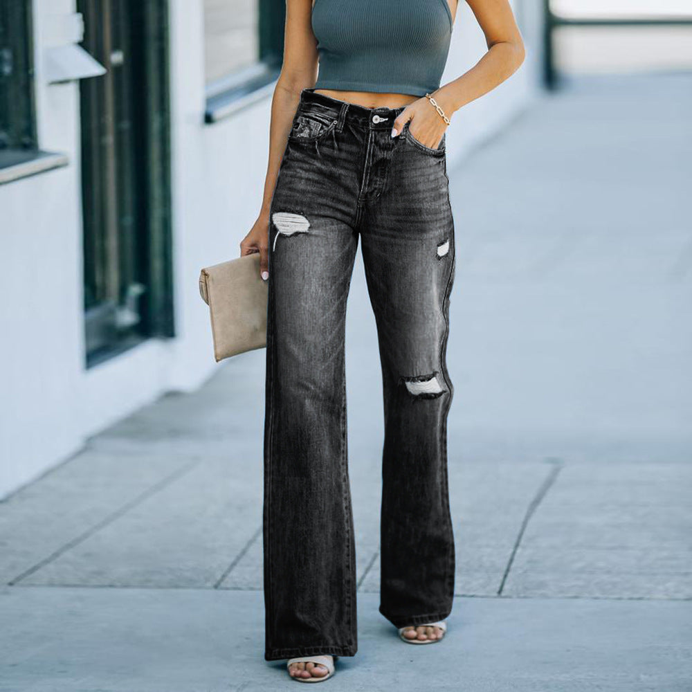Washed Ripped Wide-Leg Jeans