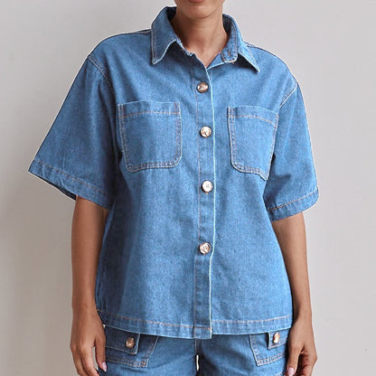 Retro Loose Fit Denim Shirt & Shorts Set