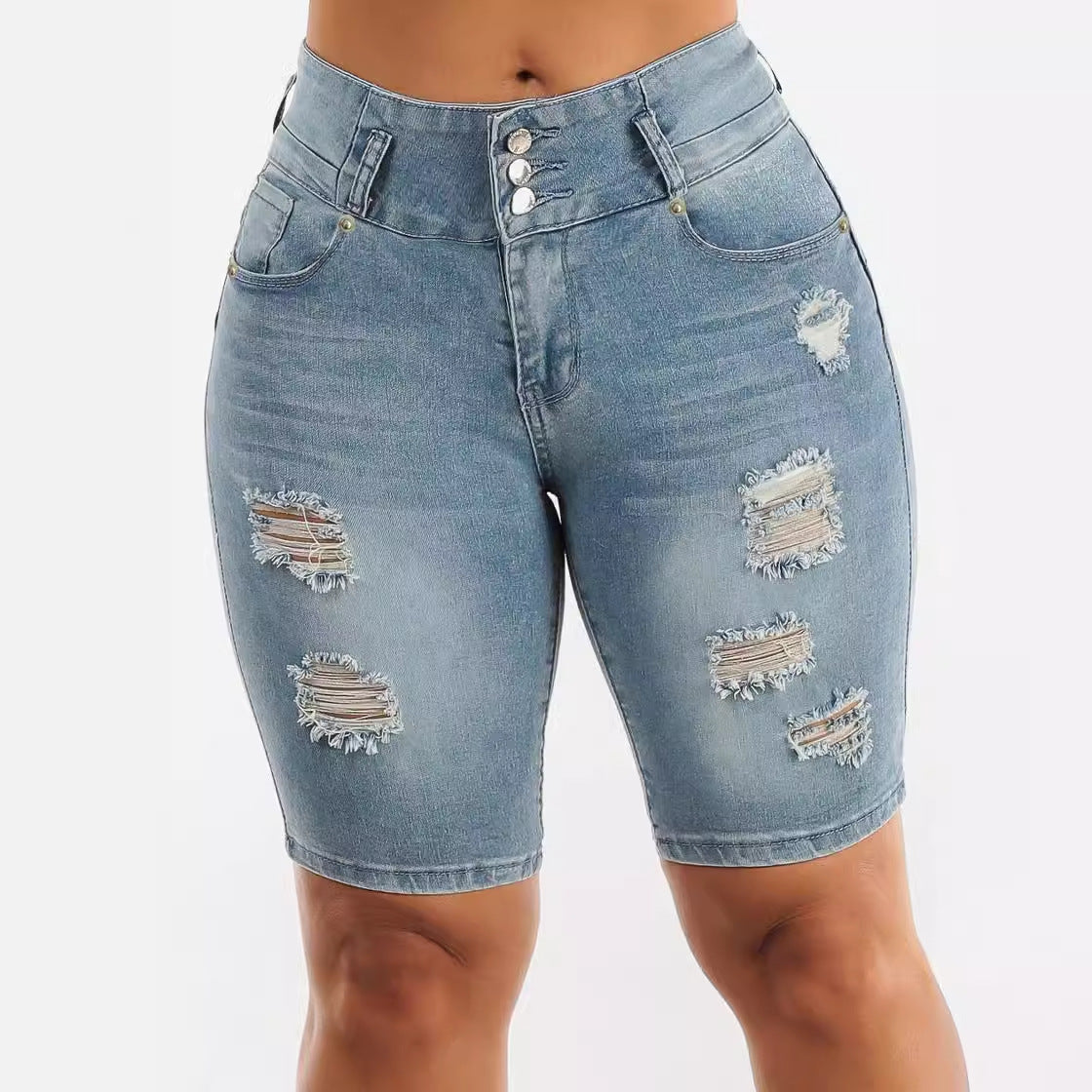 High-Waisted Ripped Stretch Denim Shorts
