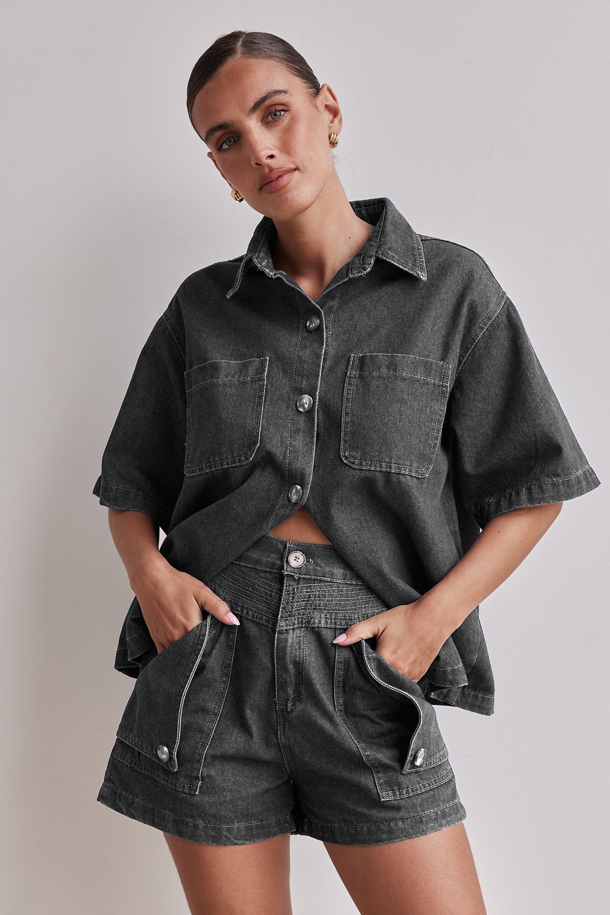 Retro Loose Fit Denim Shirt & Shorts Set