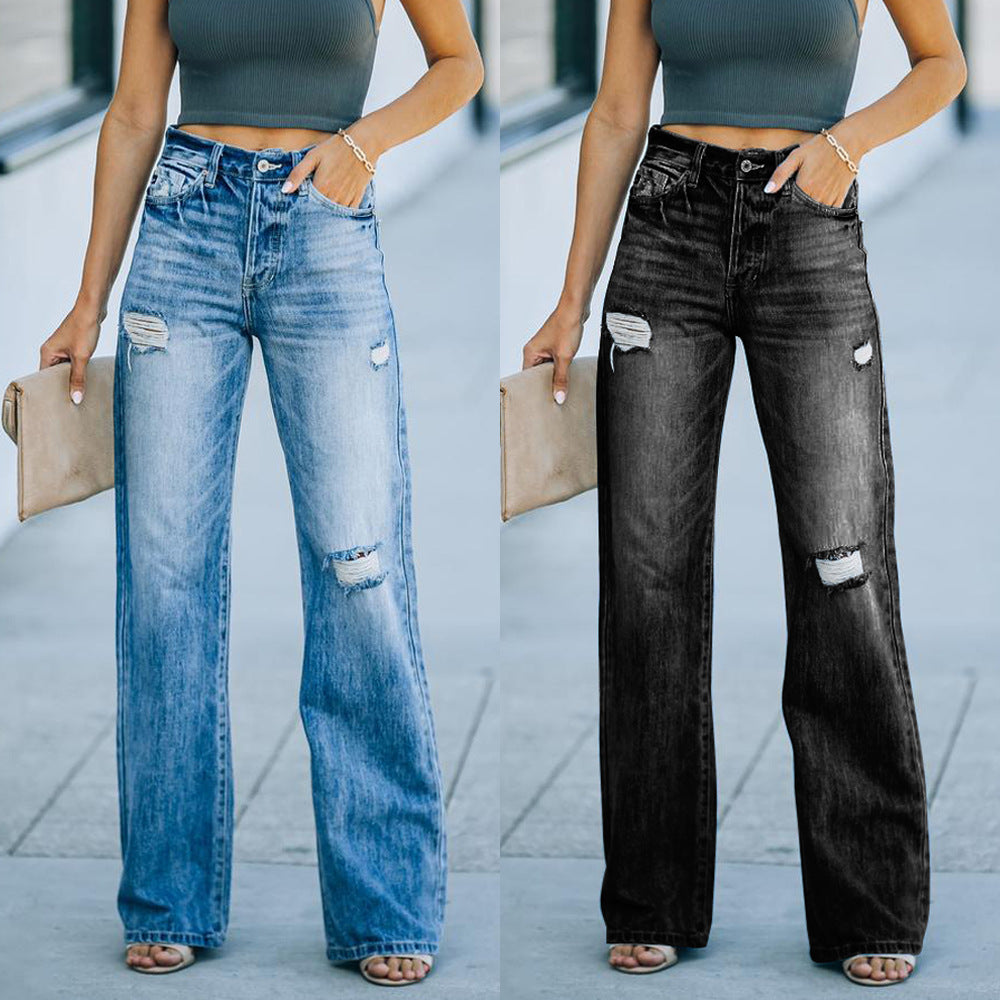 Washed Ripped Wide-Leg Jeans