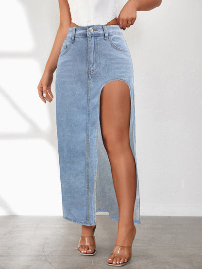 Elevated Washed Denim Midi Skirt with Slit