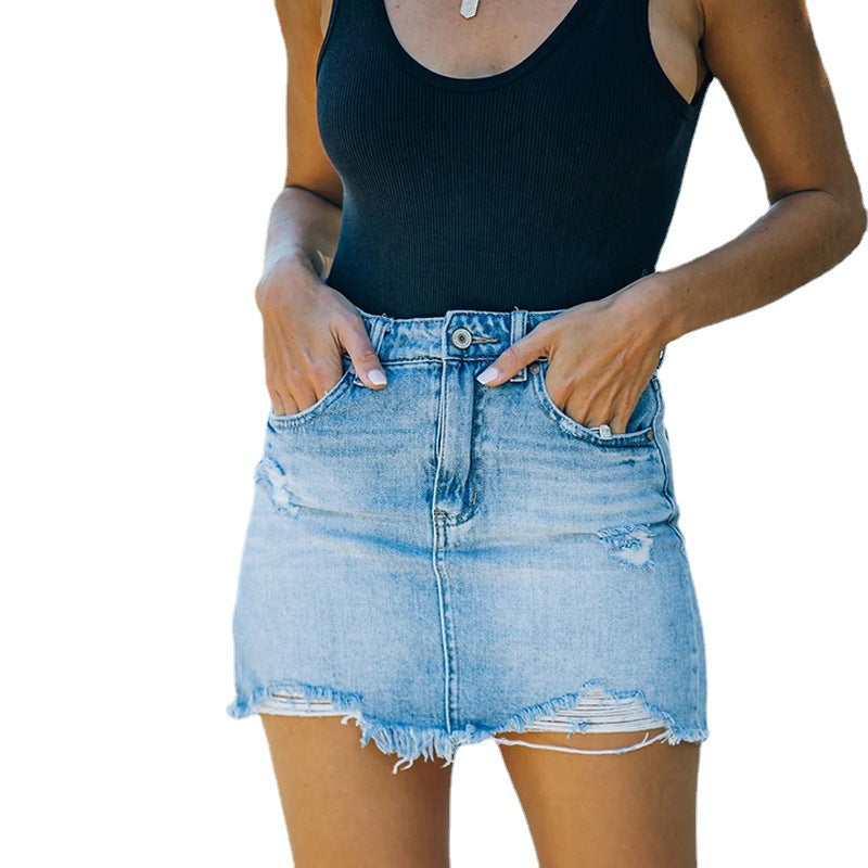 A-Line Ripped Raw Hem Denim Skirt