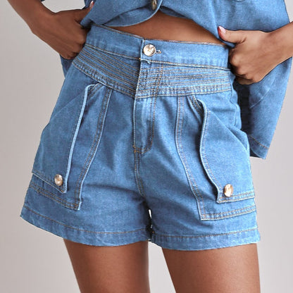 Retro Loose Fit Denim Shirt & Shorts Set