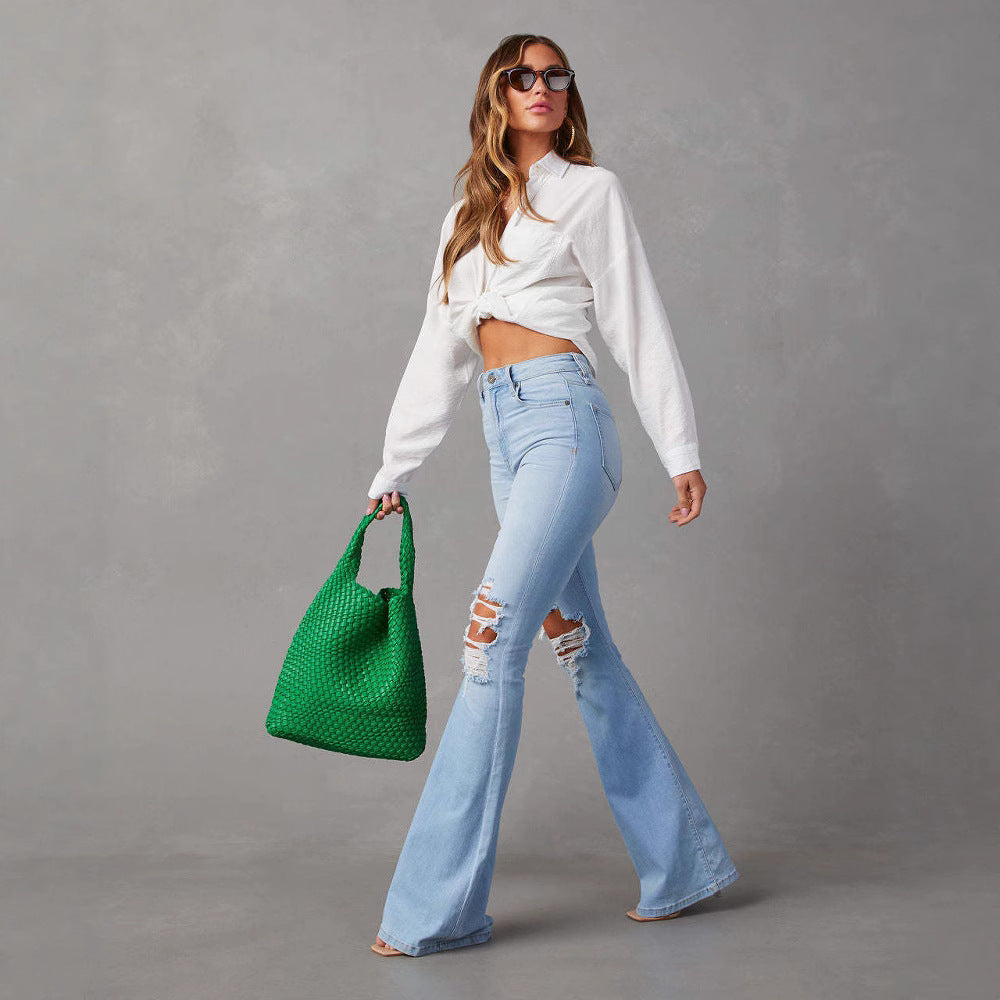 High-Waisted Ripped Bell Bottom Jeans