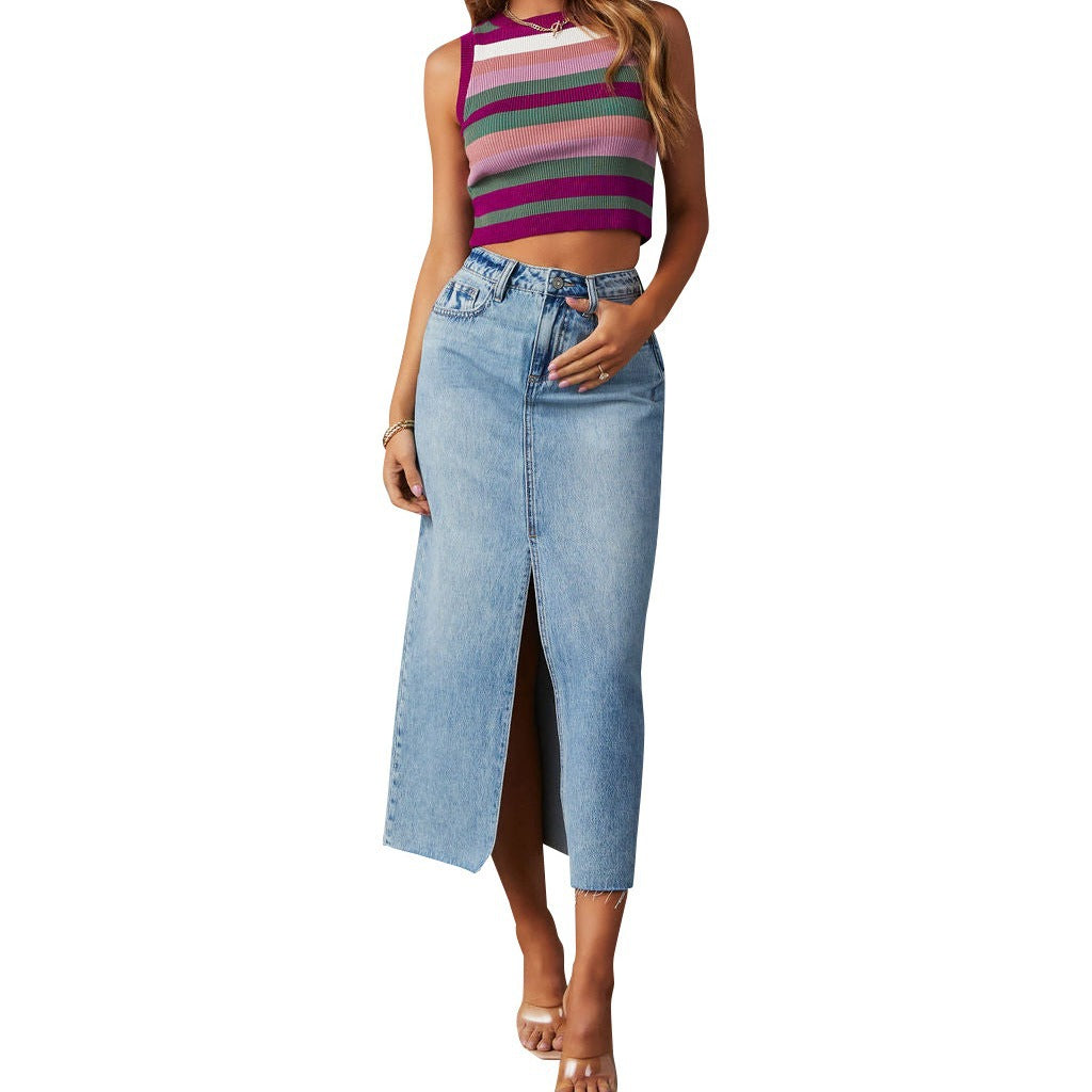 High-Waisted Split A-Line Midi Denim Skirt