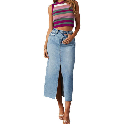 High-Waisted Split A-Line Midi Denim Skirt