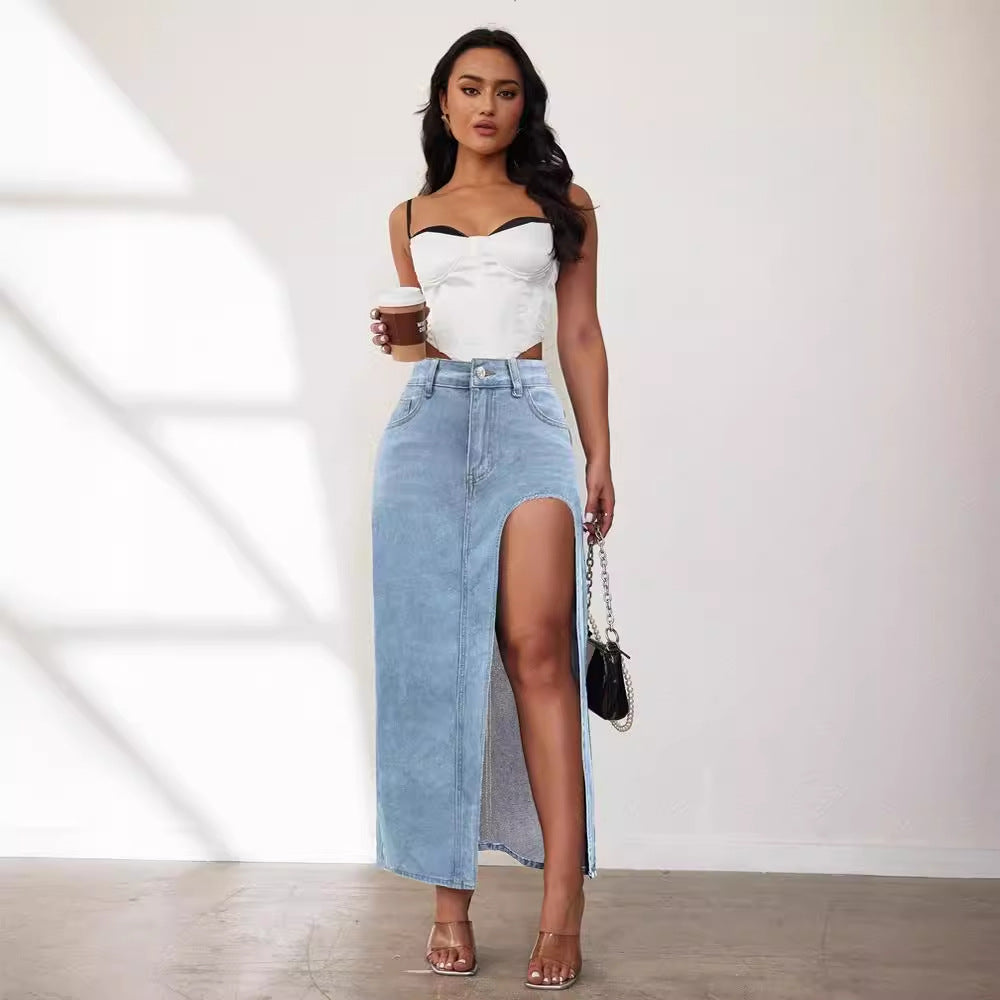 Elevated Washed Denim Midi Skirt with Slit