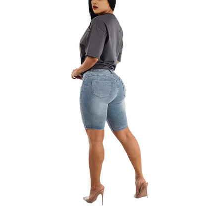 High-Waisted Ripped Stretch Denim Shorts