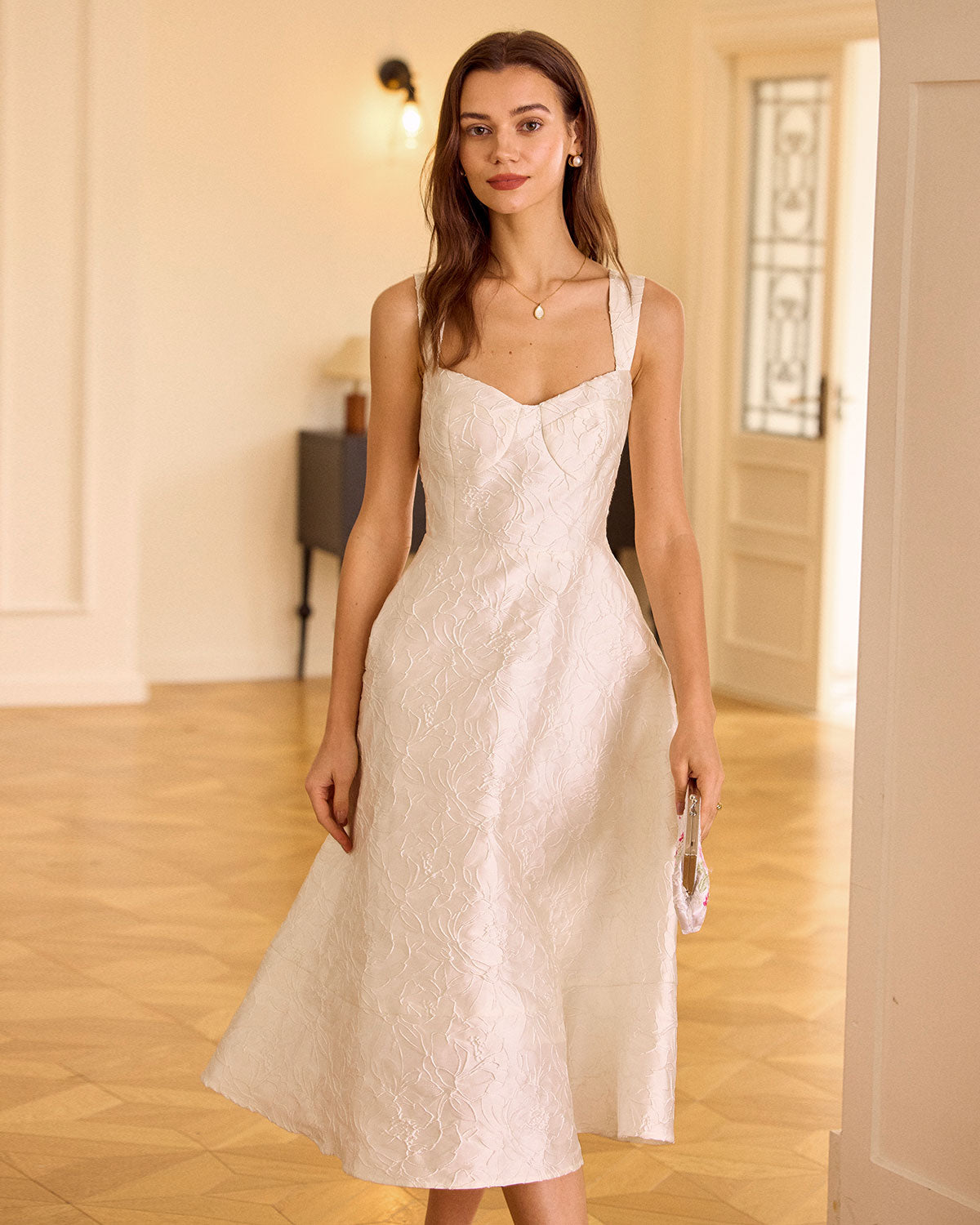 Elegant White Jacquard Midi Dress