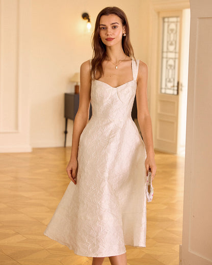 Elegant White Jacquard Midi Dress