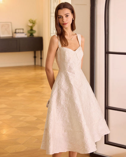 Elegant White Jacquard Midi Dress
